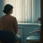 Una persona (neutra, vista da dietro o di lato, non riconoscibile) seduta su una sedia da visita medica, guarda pensierosa fuori da una finestra, luce soffusa che entra, simboleggiando la riflessione sul dolore pelvico cronico e la ricerca di soluzioni, obiettivo 35mm, leggera profondità di campo, toni caldi e rassicuranti.