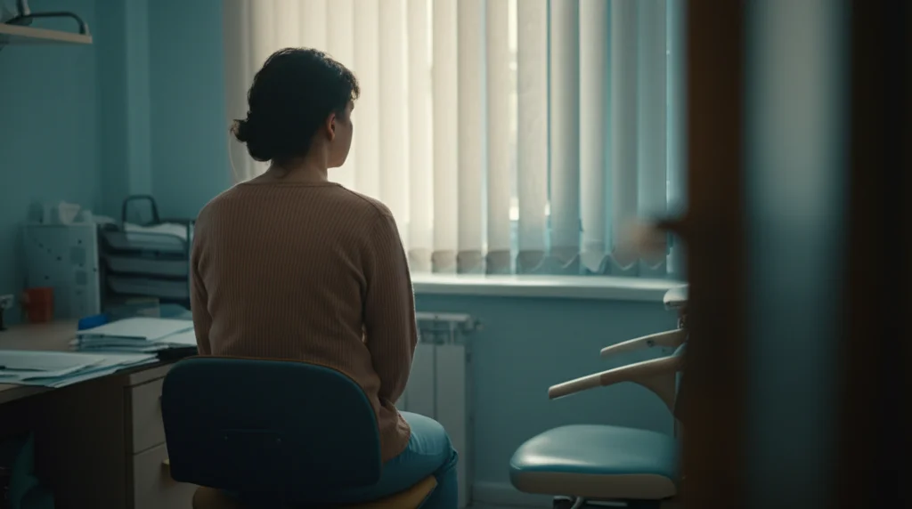 Una persona (neutra, vista da dietro o di lato, non riconoscibile) seduta su una sedia da visita medica, guarda pensierosa fuori da una finestra, luce soffusa che entra, simboleggiando la riflessione sul dolore pelvico cronico e la ricerca di soluzioni, obiettivo 35mm, leggera profondità di campo, toni caldi e rassicuranti.