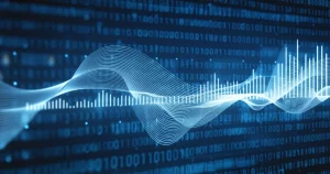 Visualizzazione astratta di un modello di deep learning TCN (Temporal Convolutional Network) che analizza serie temporali di dati meteorologici (temperatura, umidità, vento) per stimare l'evapotraspirazione. Linee di dati fluenti e nodi neurali interconnessi su sfondo digitale blu. Macro lens, 100mm, high detail, controlled lighting.