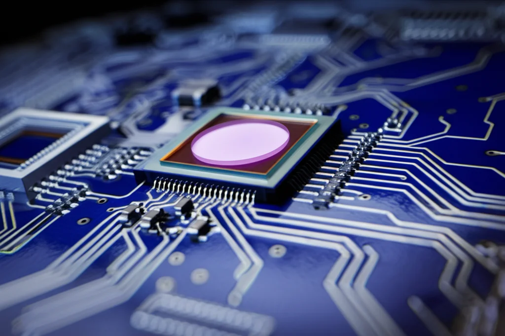 Fotografia macro, 60mm lens, high detail, controlled lighting, di un chip fotonico ibrido avanzato che integra un laser, un microrisonatore circolare e un fotodiodo su un circuito stampato, per la generazione di microonde a basso rumore.