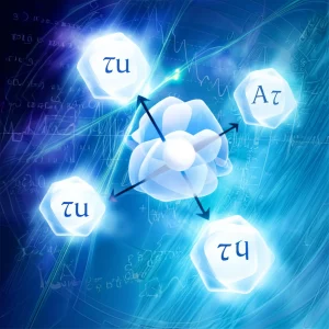Illustrazione concettuale high-tech che mostra la struttura della simmetria modulare A4 applicata ai neutrini all'interno di un framework Left-Right Symmetric. Si vedono particelle subatomiche stilizzate (neutrini, leptoni, Higgs) interagire secondo pattern geometrici complessi legati al modulo tau (τ), con sfondi che richiamano diagrammi di Feynman e dati sperimentali. Obiettivo prime 35mm, profondità di campo, stile cinematografico scientifico.