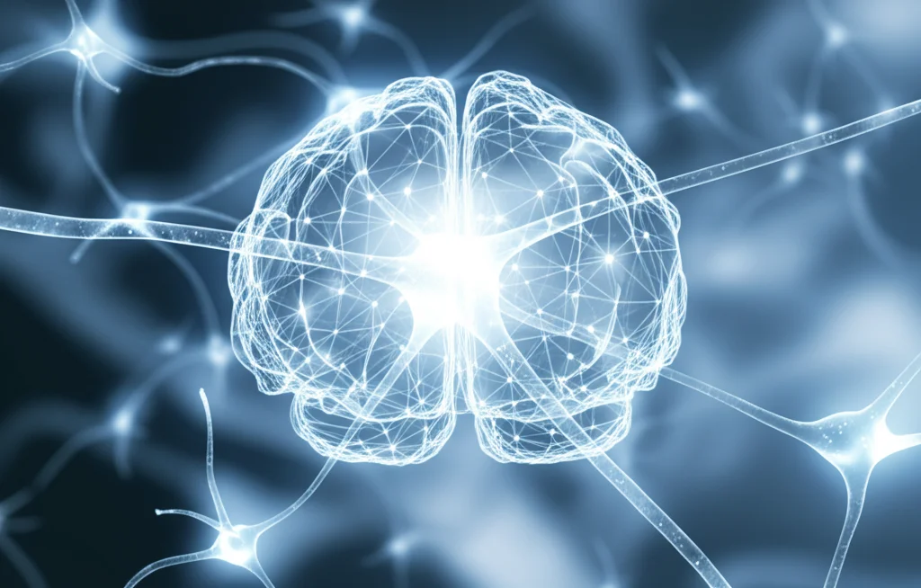 Immagine concettuale fotorealistica che rappresenta la complessità della ricerca sul cancro cerebrale infantile; una rete neurale stilizzata e luminosa sovrapposta a un'immagine sfocata di un cervello, con un punto focale luminoso che simboleggia una nuova scoperta terapeutica, obiettivo 35mm, toni blu e grigi duotone, profondità di campo.