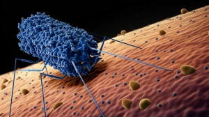 Immagine concettuale fotorealistica di un batteriofago vB_EF_Enf3 che si attacca alla superficie di una cellula batterica di Enterococcus. Dettagli microscopici visibili sulla parete cellulare batterica e sulla struttura del fago. Illuminazione drammatica laterale, obiettivo macro 90mm, alta definizione, focus selettivo sul punto di attacco.