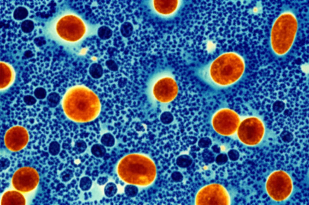 Immagine macro, 100mm, alta definizione, illuminazione controllata, che mostra cellule immunitarie neonatali, forse monociti e neutrofili interagenti, con dettagli delle strutture cellulari visibili, simboleggiando la complessità della risposta immunitaria allenata dal BCG.