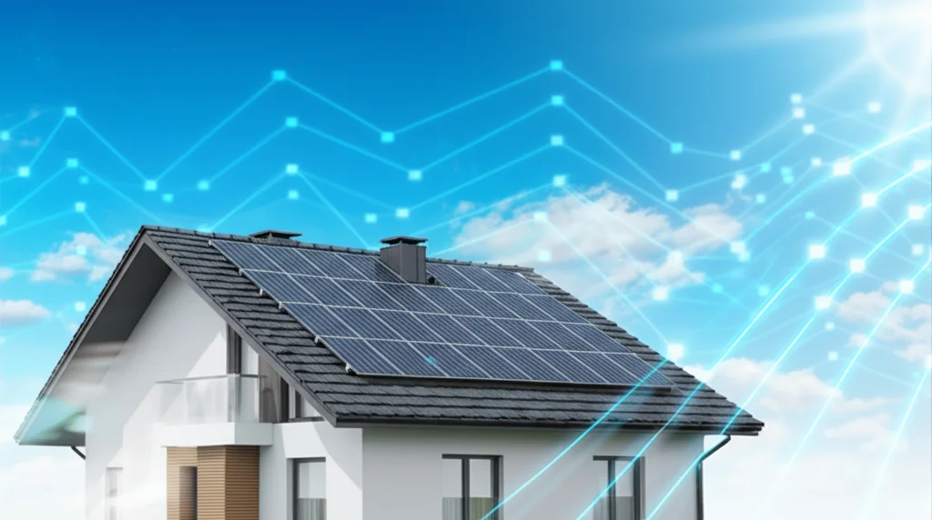 Scatto paesaggistico fotorealistico ad angolo largo, lente da 15 mm, che mostra una casa moderna con eleganti pannelli solari installati sul tetto sotto un cielo blu luminoso e luminoso con alcune nuvole sottili. Le linee digitali blu sottili e luminose collegano la casa visivamente a una debole e astratta rappresentazione della griglia intelligente in lontananza. Focus acuto sulla casa e sui pannelli, effetto a lungo esposizione che leviga sottilmente le nuvole distanti.