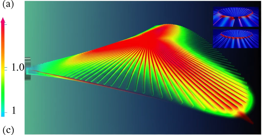 Illustrazione fotorealistica di una metasuperficie monolitica in carburo di silicio (SiC) illuminata da un laser. Dalla metasuperficie emerge un complesso fascio di vortice vettoriale perfetto 3D (PVVB) che segue una traiettoria curva nello spazio, mostrando chiaramente la sua struttura anulare e la variazione della polarizzazione lungo il percorso. Macro lens 60mm, high detail, controlled lighting, concetto di ottica avanzata e nanotecnologia.