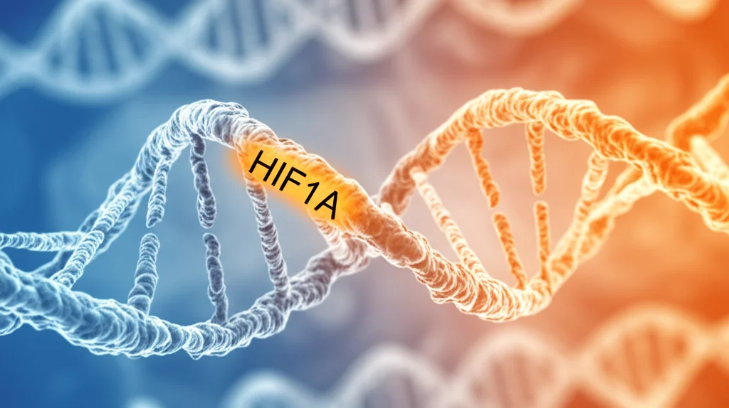 Immagine concettuale del cervello umano con aree evidenziate colpite da ictus ischemico e sovrapposta una rappresentazione stilizzata della doppia elica del DNA con il gene HIF1A in risalto. Colori blu e arancione duotone per simboleggiare ipossia e attività genica, obiettivo prime 35mm, profondità di campo per focalizzare l'attenzione sulla connessione cervello-gene.