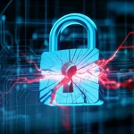 Immagine concettuale della sicurezza quantistica: un lucchetto digitale olografico blu brillante sospeso in un ambiente high-tech, con evidenti crepe luminose rosse che si formano sulla sua superficie, simboleggiando una vulnerabilità scoperta e un attacco in corso. Obiettivo 50mm, profondità di campo ridotta per focalizzare sul lucchetto, illuminazione drammatica, alta definizione.