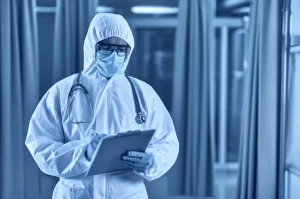 Immagine fotorealistica, prime lens, 35mm, depth of field, duotone blu e grigio. Un medico con dispositivi di protezione individuale guarda pensieroso la cartella clinica di un paziente in un ambiente ospedaliero, simboleggiando l'intersezione tra cure COVID-19 e sepsi.