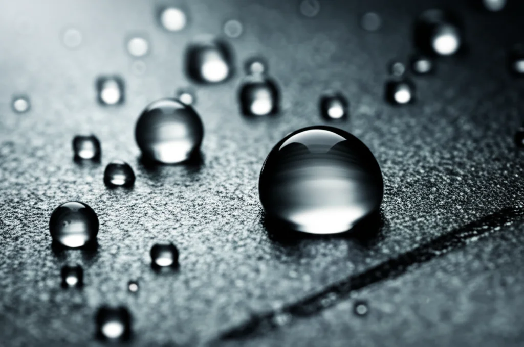 Immagine macro fotorealistica di una superficie metallica high-tech con rivestimento in lega Cu-Sn. Gocce d'acqua sferiche perfette rotolano via, dimostrando proprietà superidrofobiche e autopulenti. La superficie mostra una micro-nano texture complessa. Illuminazione drammatica che evidenzia la lucentezza metallica e le gocce. Obiettivo macro 105mm, alta definizione.