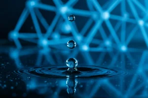 Primo piano di gocce d'acqua pulita che cadono su una superficie riflettente, simboleggiando la purificazione dell'acqua, con un accenno a strutture nanotecnologiche sullo sfondo, lente macro 80mm, alta definizione, illuminazione drammatica.