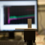 Primo piano di un provino metallico sottodimensionato per test di trazione in un laboratorio di materiali nucleari, illuminato da luce controllata, con grafici di dati stress-strain visibili su uno schermo sfocato sullo sfondo, macro lens, 70mm, high detail, precise focusing.