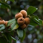 Primo piano di un ramo di Camellia oleifera carico di frutti maturi simili a noci, obiettivo macro 105mm, alta definizione, luce naturale morbida che evidenzia la texture ruvida dei frutti marroni e le foglie verdi scure lucide sullo sfondo leggermente sfocato della foresta.