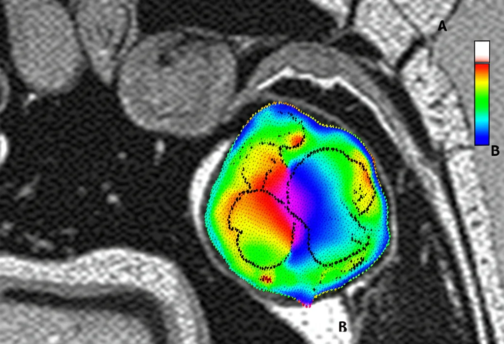 Primo piano fotorealistico di una scansione MRI dell'articolazione temporomandibolare (ATM), con evidenziazione colorata del muscolo pterigoideo laterale e sovrapposizione grafica di dati di texture analysis (pattern di punti o mappa di calore), obiettivo macro 90mm, alta definizione, illuminazione da studio, concetto di diagnostica avanzata.