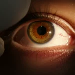 Primo piano macro di un occhio umano durante un esame con lampada a fessura, l'oculista sta evertendo delicatamente la palpebra superiore per ispezionare la congiuntiva tarsale. Illuminazione controllata, messa a fuoco precisa sulla texture della congiuntiva con papille visibili. Obiettivo macro 100mm, alta definizione, profondità di campo ridotta.