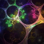 Visualizzazione astratta 3D di strutture matematiche complesse simili a frattali che si intersecano, rappresentanti le funzioni slice regolari e Cliffordiane. Illuminazione drammatica controllata, obiettivo macro 100mm, alta definizione, colori vibranti su sfondo scuro.
