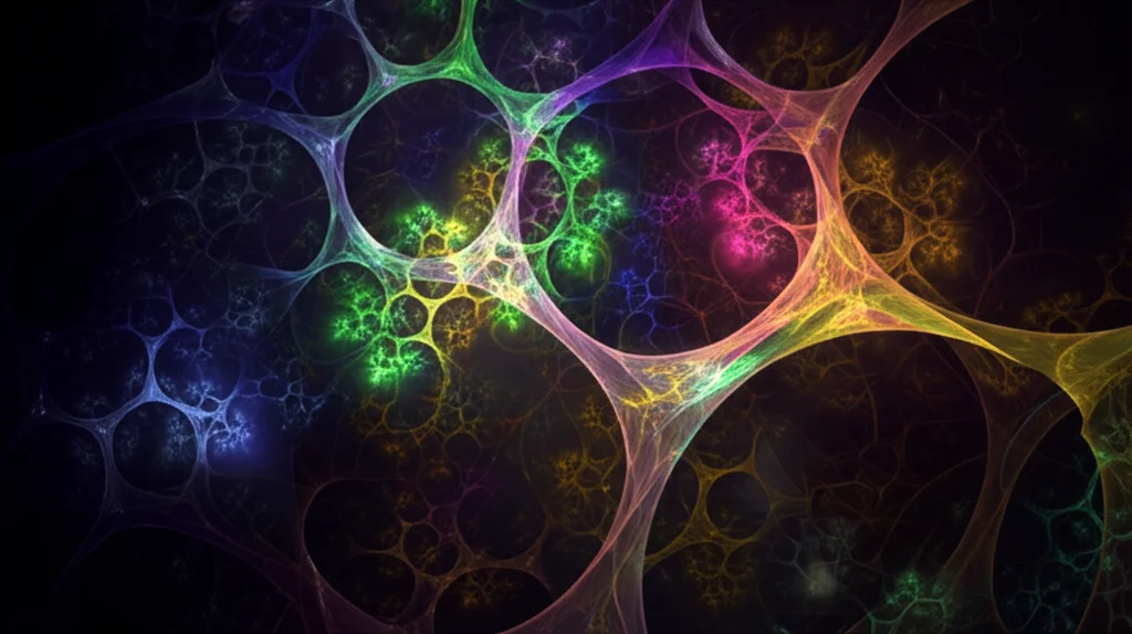 Visualizzazione astratta 3D di strutture matematiche complesse simili a frattali che si intersecano, rappresentanti le funzioni slice regolari e Cliffordiane. Illuminazione drammatica controllata, obiettivo macro 100mm, alta definizione, colori vibranti su sfondo scuro.