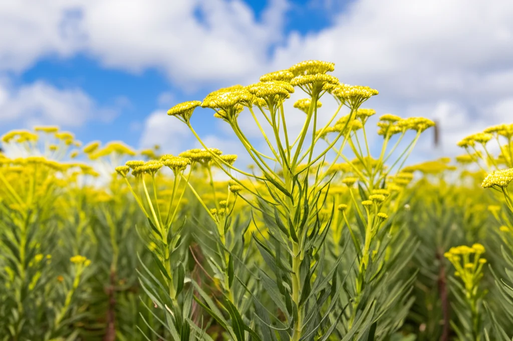 Campo coltivato di Bupleurum chinense nella provincia dello Shanxi, Cina. Piante verdi con le caratteristiche foglie lanceolate e piccole infiorescenze gialle in piena fioritura. Ripresa con obiettivo macro 105mm per dettaglio sulle piante in primo piano, sfondo leggermente sfocato che mostra l'estensione del campo sotto un cielo azzurro parzialmente nuvoloso. Luce solare diretta ma morbida del tardo pomeriggio, alta definizione.