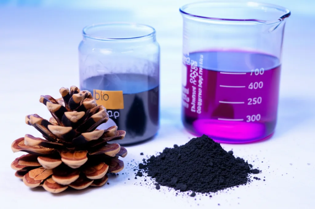 Composizione still life in laboratorio: una pigna secca, un mucchietto di polvere nera di biochar, il nanocomposito finale BCPC/CoFe2O4/Mn-Fe LDH (polvere scura leggermente magnetica), e un becher con acqua viola parzialmente decolorata. Illuminazione da studio controllata, obiettivo macro 85mm, alta definizione, focus selettivo sul nanocomposito, sfondo pulito da laboratorio.