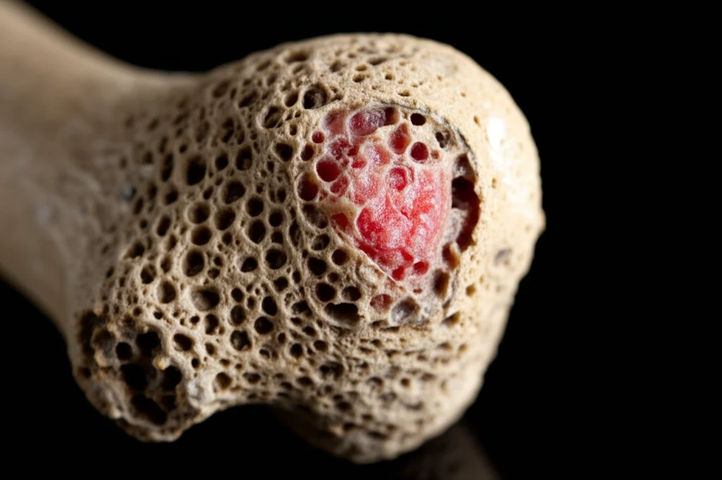 Fotografia macro ad alta definizione di un osso umano affetto da osteomielite, con evidenti segni di infiammazione e infezione batterica da Staphylococcus aureus. Obiettivo macro 100mm, illuminazione laterale controllata per evidenziare la texture porosa e danneggiata dell'osso, focus preciso sui dettagli microscopici dell'infezione.