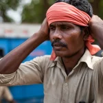 Fotografia realistica di lavoratori del settore informale nel sud dell'India che mostrano segni di affaticamento da calore durante il lavoro all'aperto, stile ritratto 35mm, profondità di campo, luce naturale intensa.