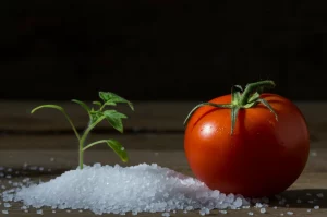 Fotografia still life di un pomodoro rosso maturo parzialmente immerso in cristalli di sale bianco su una superficie scura e rustica in legno. Accanto al pomodoro, una giovane piantina di pomodoro verde e sana che emerge simbolicamente dal sale. Obiettivo macro 70mm, illuminazione laterale drammatica per enfatizzare texture e contrasto tra il rosso vivo, il bianco cristallino e il verde della pianta, alta definizione.