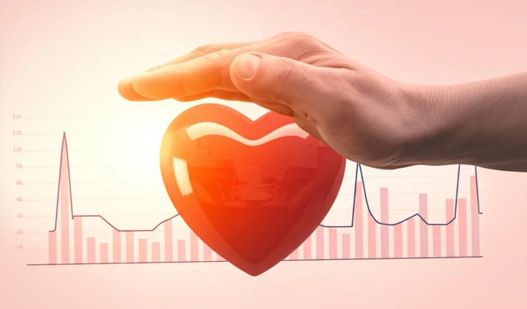 Immagine concettuale che mostra un cuore stilizzato protetto da mani che simboleggiano la cura post-cancro, con un grafico a linee sullo sfondo che indica l'importanza dell'età. Luce calda e speranzosa, 50mm lens, soft focus, high detail sul cuore e le mani.