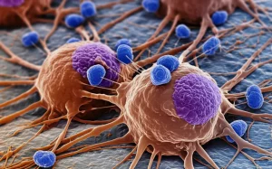 Immagine concettuale fotorealistica di cellule immunitarie NK (Natural Killer) che interagiscono con cellule tumorali all'interno del microambiente complesso del cancro esofageo. Visualizzazione con tecnica di microscopia elettronica a scansione simulata, obiettivo macro 85mm, alta definizione, illuminazione drammatica che evidenzia la struttura cellulare e le interazioni, profondità di campo ridotta.