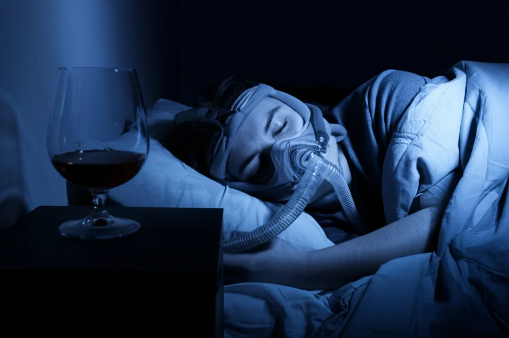 Immagine concettuale: metà volto di una persona che dorme serenamente con maschera CPAP, l'altra metà sfuma in un bicchiere di liquore vuoto su un comodino. Prime lens 35mm, depth of field, duotone blu notte e ambra, atmosfera notturna tranquilla ma evocativa del tema alcol/sonno.