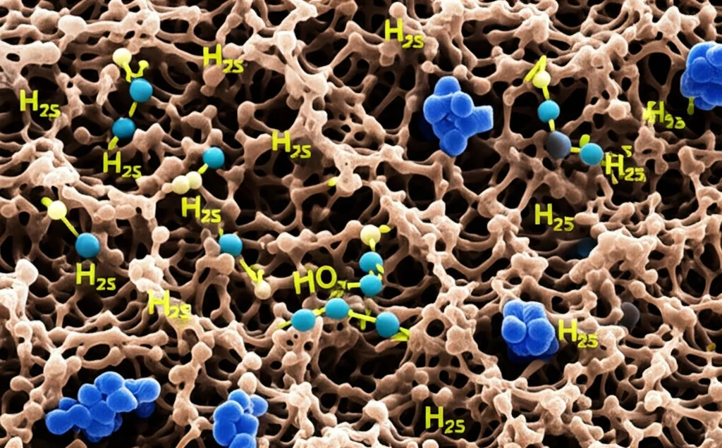 Immagine fotorealistica di cellule di carcinoma squamoso della testa e del collo (HNSCC) al microscopio elettronico a scansione, evidenziando la superficie cellulare irregolare e l'interazione con molecole stilizzate di idrogeno solforato (H2S) nel microambiente tumorale. Lente macro 90mm, alta definizione, illuminazione da laboratorio controllata, colori realistici con leggera desaturazione.