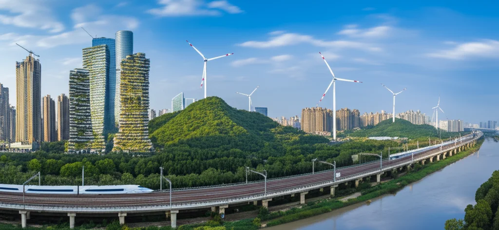 Immagine paesaggistica grandangolare, 10mm, che mostra un panorama cinese moderno e sostenibile: grattacieli con tetti verdi, turbine eoliche su colline vicine, treni ad alta velocità e un fiume pulito, lunga esposizione per nuvole soffici, messa a fuoco nitida.