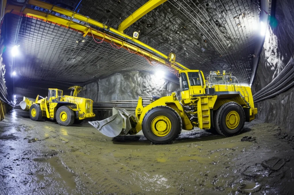 Panoramica fotorealistica dell'interno di una miniera metallifera sotterranea moderna e meccanizzata. Si vedono macchinari pesanti come un LHD (Load Haul Dumper) in azione e sistemi di supporto del soffitto. Obiettivo grandangolare 15mm, illuminazione artificiale potente che rivela la vastità e la complessità dell'ambiente, messa a fuoco nitida su tutta la scena.