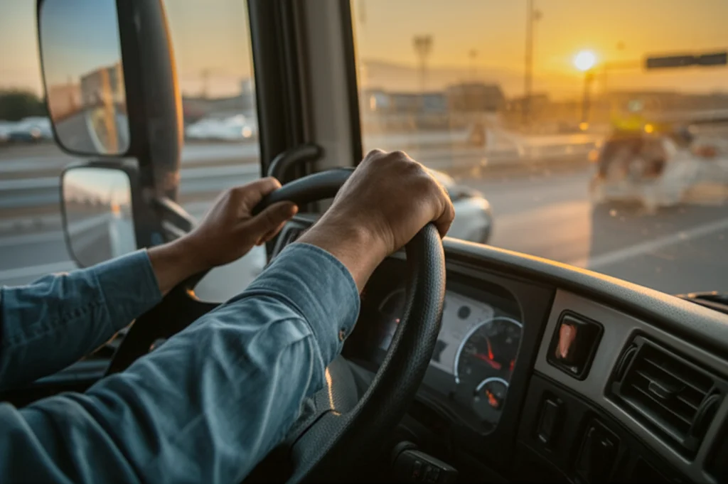 Primo piano del volante di un camion con le mani di un autista che lo stringono forte, simbolo dello stress alla guida. Sullo sfondo, una strada trafficata e sfocata in Iran al tramonto. Fotografia realistica, obiettivo macro 85mm, alta definizione, luce calda del tramonto, illuminazione controllata per evidenziare la tensione nelle mani e le vene leggermente sporgenti.