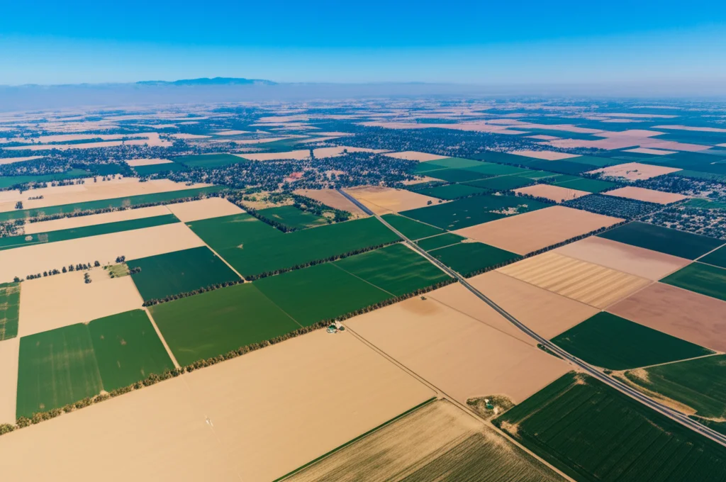 Veduta aerea della Central Valley in California, obiettivo grandangolare 20mm, che mostra un mosaico di campi coltivati (verdi) e appezzamenti di terreno agricolo a riposo (incolti) di colore marrone chiaro, sotto un cielo limpido, evidenziando il contrasto tra terra coltivata e terra incolta fonte di polvere.