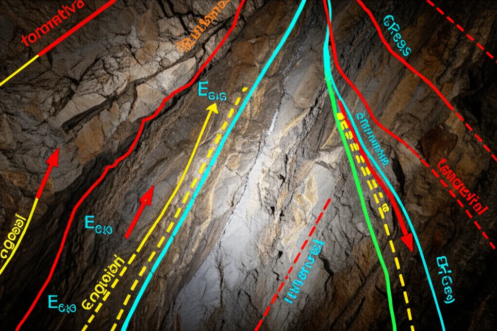 Visualizzazione fotorealistica di un fronte di scavo in una miniera profonda che si avvicina a una faglia geologica illuminata. Zone di roccia fratturata evidenziate, con sovrapposizione grafica che indica l'accumulo di energia deformativa tangenziale (Es). Obiettivo grandangolare 24mm, lunga esposizione per catturare l'ambiente sotterraneo, focus nitido sulla faglia.
