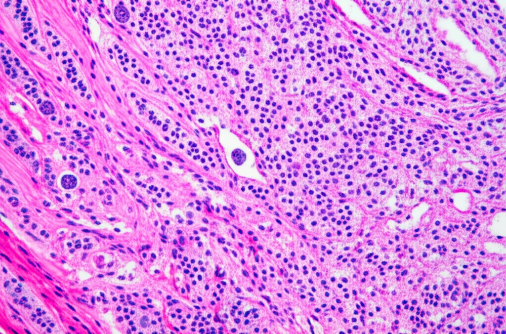Visualizzazione microscopica fotorealistica ad alta definizione di tessuto prostatico canceroso. Si distinguono chiaramente le cellule epiteliali tumorali, con nuclei atipici, immerse nel tessuto stromale circostante, ricco di fibroblasti e matrice extracellulare alterata. Obiettivo macro 105mm, illuminazione controllata da laboratorio, alta definizione, profondità di campo per evidenziare l'interazione tra i due compartimenti.