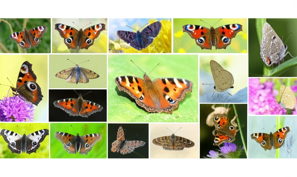 Collage di diverse farfalle europee (es. Satyrium spini, Brenthis ino) su sfondi che rappresentano condizioni climatiche diverse - da fresco e umido a caldo e secco - simboleggiando la loro diversa risposta alle anomalie climatiche basata sull'adattamento locale e la posizione geografica. Macro lens, 70mm, high detail, precise focusing.