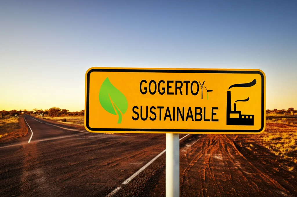 Fotografia di paesaggio, grandangolo 18mm, un bivio stradale nel suggestivo outback australiano al tramonto, un cartello indica due direzioni opposte con simboli stilizzati: uno per un futuro sostenibile (foglia verde, turbina eolica) e uno per un futuro incerto (simbolo di pericolo climatico, fabbrica inquinante), luce calda e drammatica, messa a fuoco nitida sull'intero scenario per simboleggiare la scelta cruciale sul cambiamento climatico.