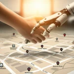 Fotografia realistica che mostra una mano umana e una mano robotica che si stringono delicatamente sopra una mappa stilizzata di una città, simboleggiando la collaborazione tra uomo e IA nel governo locale. Obiettivo prime 50mm, luce calda e soffusa, profondità di campo ridotta per focalizzare sulle mani, sfondo leggermente sfocato con icone di servizi pubblici.