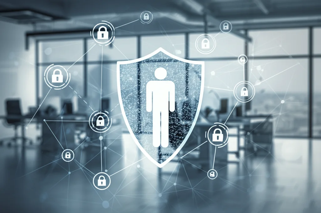 Immagine concettuale di sicurezza informatica aziendale: una figura umana stilizzata al centro di una rete di connessioni digitali protetta da uno scudo trasparente, sullo sfondo un ambiente ufficio moderno e luminoso. Obiettivo 50mm, profondità di campo ridotta per mettere a fuoco la figura centrale e lo scudo, colori corporate blu e argento duotone.