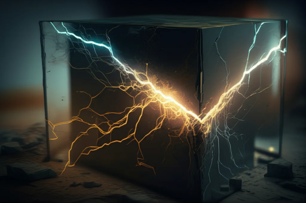 Immagine concettuale fotorealistica che mostra due crepe stilizzate luminose che si incontrano e interagiscono all'interno di un blocco di materiale traslucido scuro, con sottili linee di forza visibili attorno a loro come filamenti energetici, illuminazione soffusa e cinematografica, obiettivo 85mm, profondità di campo ridotta.