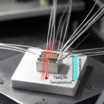 Immagine fotorealistica di un campione eterostruttura TbIG/Pt montato all'interno di un criostato per misurazioni dell'effetto Spin Seebeck a bassa temperatura. Si vedono fili sottili collegati al campione e una rappresentazione schematica di un gradiente di temperatura applicato verticalmente. Luce da laboratorio controllata, obiettivo macro 60mm, alta definizione, messa a fuoco precisa sul campione e sui collegamenti.