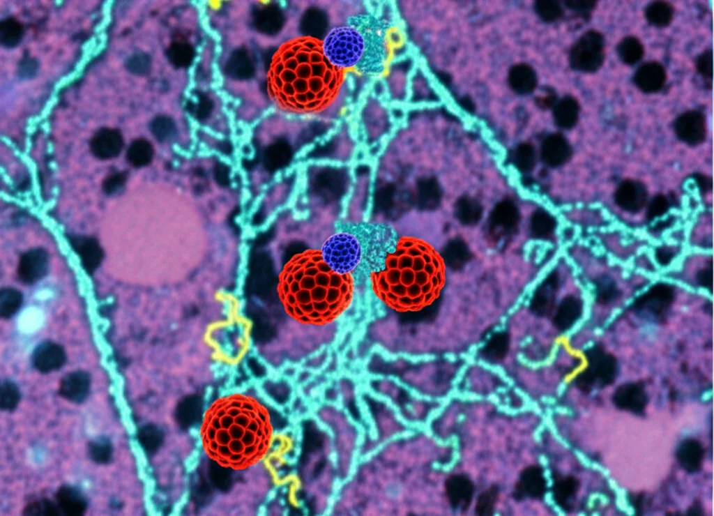 Immagine macro fotorealistica di filamenti di RNA CUG espansi (strutture luminose e intricate) che intrappolano proteine MBNL (sfere più scure), visualizzando il sequestro a livello molecolare nel contesto del cervello. Obiettivo macro 90mm, illuminazione controllata per evidenziare i dettagli, messa a fuoco precisa sulle interazioni molecolari, sfondo sfocato con pattern neuronali stilizzati.