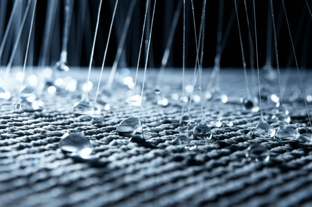 Primo piano fotorealistico di gocce d'acqua pura che filtrano attraverso una membrana TFC per osmosi inversa, obiettivo macro 85mm, alta definizione, illuminazione laterale drammatica che evidenzia la texture rugosa della membrana poliammidica e la limpidezza cristallina dell'acqua permeata.