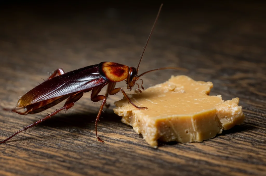 Primo piano macro di una blatta americana (Periplaneta americana) che si avvicina a un'esca composta da bicarbonato di sodio e burro d'arachidi su una superficie di legno scuro, obiettivo macro 105mm, alta definizione, illuminazione laterale controllata per creare ombre suggestive.