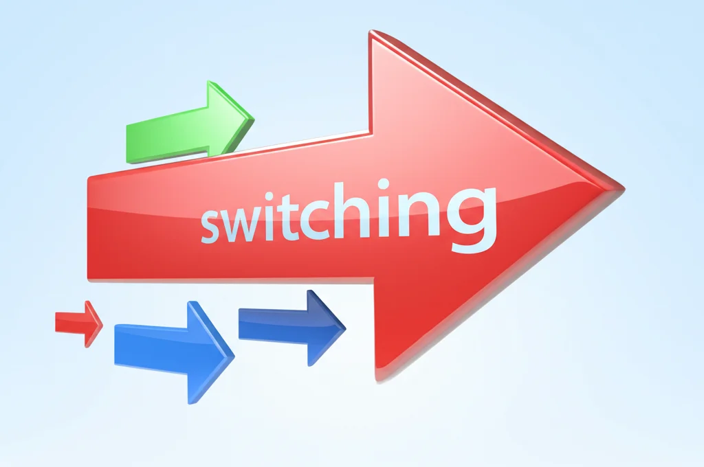 Immagine concettuale astratta che rappresenta il concetto di 'switching' terapeutico nell'artrite idiopatica giovanile: frecce colorate che cambiano direzione su uno sfondo medico stilizzato, con focus nitido su una freccia che si sposta verso un nuovo percorso, illuminazione controllata, alta definizione.