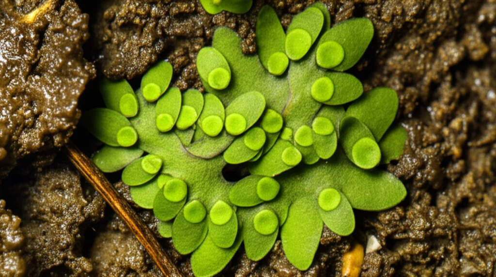 Immagine macro fotorealistica di una pianta di Marchantia polymorpha che cresce su un terreno umido, 85mm macro lens, alta definizione, illuminazione laterale controllata per evidenziare la struttura del tallo e le scodelline gemmifere, focus preciso sulla pianta.