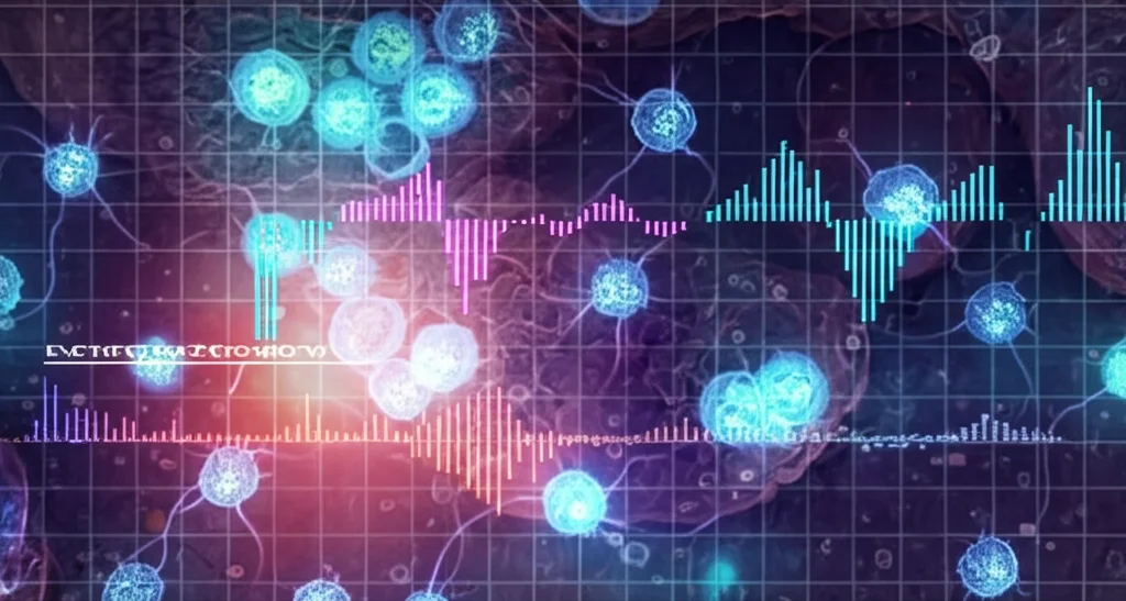 Immagine microscopica stilizzata ad alta risoluzione di cellule tumorali gastriche che rilasciano migrasomi luminosi, con sovrapposizione di grafici astratti rappresentanti l'espressione di lncRNA. Illuminazione drammatica da laboratorio, lente macro 100mm, alta definizione, focus preciso sulle vescicole extracellulari (migrasomi).