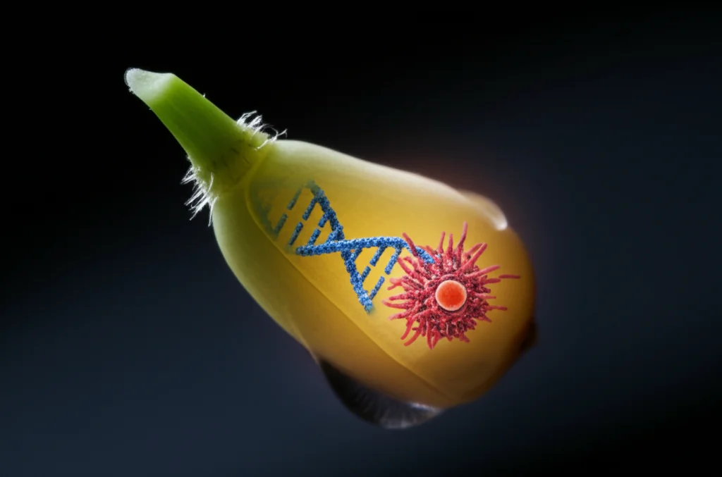 Primo piano fotorealistico di una radichetta di mais (Zea mays) in crescita, con una visualizzazione sovrapposta concettuale di filamenti di DNA danneggiati e la formazione di un piccolo micronucleo separato dal nucleo principale della cellula. Luce drammatica laterale, obiettivo macro 90mm, profondità di campo ridotta per focalizzare sulla radichetta e l'elemento concettuale del DNA/micronucleo, alta risoluzione.