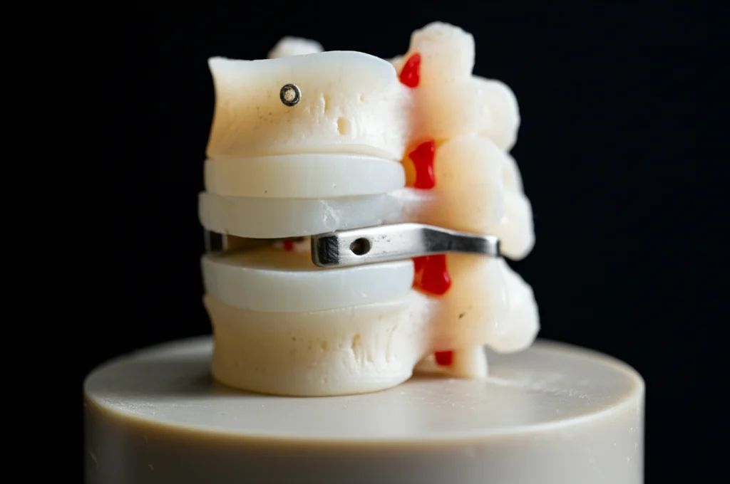 Primo piano fotorealistico, obiettivo 35mm con profondità di campo, di un impianto di stabilizzazione dinamica interspinosa (IDSS) posizionato tra due vertebre lombari su un modello anatomico, illuminazione drammatica stile film noir.